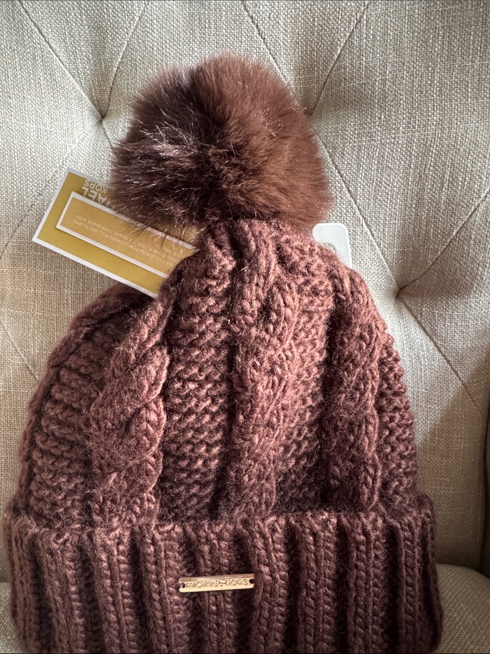 Michael Kors Knit Pom Beanie in Plum with Gold Logo